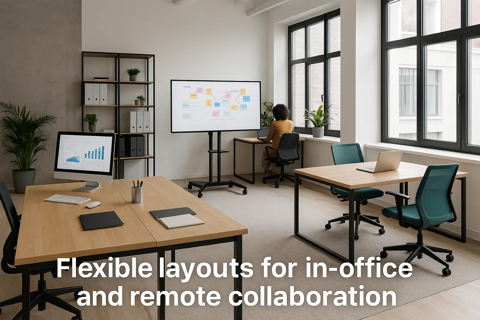 Office with movable desks and digital boards for hybrid teams