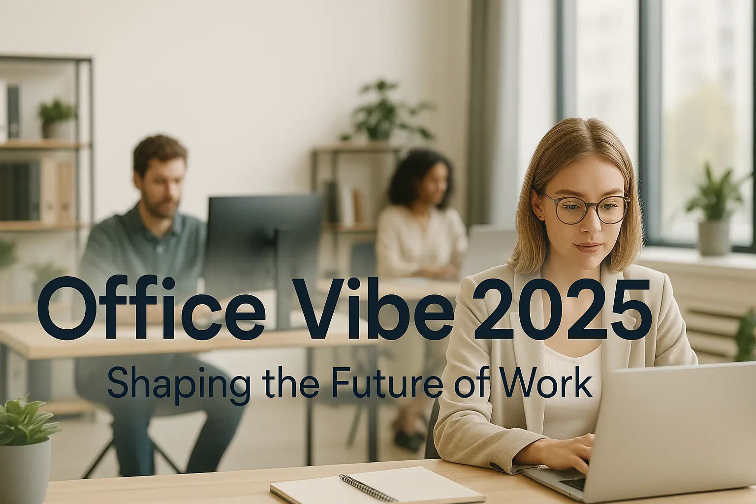 Smart office banner for 2025 with futuristic workspace, modern tech, and biophilic elements
